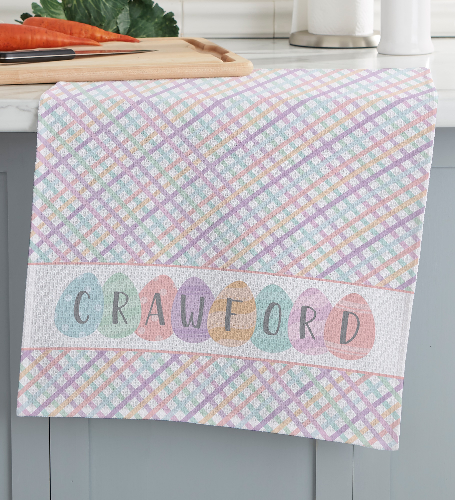 Happy Easter Eggs Personalized Waffle Weave Kitchen Towel